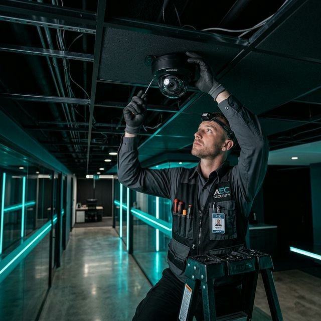 Security technician installing CCTV camera